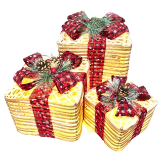 摩達客 聖誕發光麻紙繩裝飾禮物盒擺飾 3入組 含LED燈, 大26 x 26 x 30cm + 中21 x 21 x 25cm + 小16 x 16 x 18cm, 1組