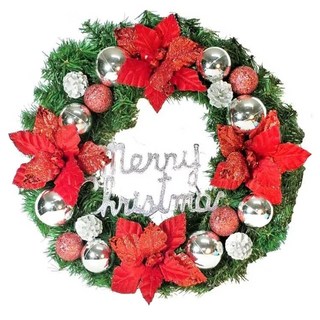 摩達客耶誕浪漫朵朵聖誕花 豪華綠色聖誕花圈, 紅銀系, 1組