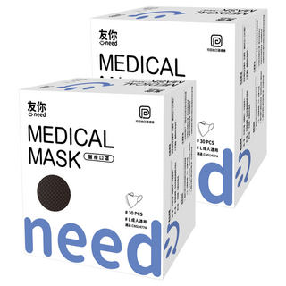 台灣康匠 Uneed 友你 立體醫用口罩 末滅菌 耳繩 L 成人用, 30片, 2盒, 黑色