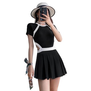 女生挖背泳衣 短袖連體褲裙泳衣套裝 鋼圈 有襯墊 卡扣穿脫 裙襬自由拆卸, XL碼, 黑色, 1件