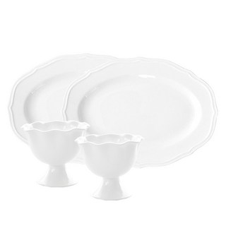PRELUDE 新骨瓷甜點碗 + 簡約線條橢圓盤 4件組, 白色, 1套, 甜點碗 2入 + 橢圓盤 2入