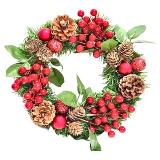 MODACore 摩達客 耶誕歐風典雅大地盛宴紅球果松果聖誕花圈 福臨圈 免組裝 台灣設計手工藝製, 紅色 + 綠色, 1個