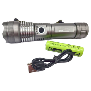 TWHAMMER 焊馬 充電式可調焦手電筒, 美國原廠LED P70燈芯, USB充電, 電池電量顯示, 銀灰色, 1個