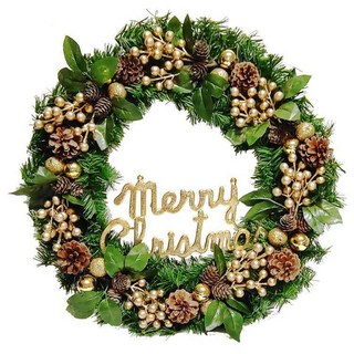 摩達客 耶誕金球果松果聖誕花圈 豪華綠色聖誕花圈(紅金系), 綠色 + 金色, 1組