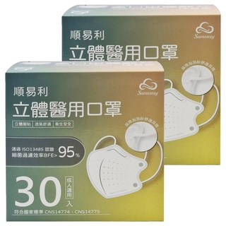 順易利 成人立體醫用口罩 細耳款 L, 莫蘭迪藍, 30片, 2盒
