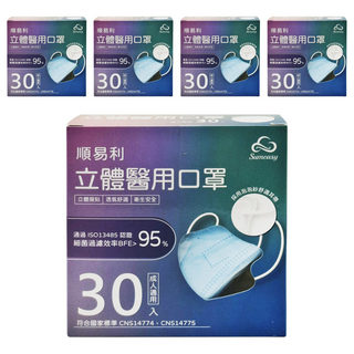 順易利 成人立體醫用口罩 細耳款 L, 藍色, 30片, 5盒