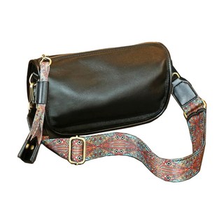 真皮頭層牛皮民族風加寬背帶女士肩背包 LB1017, 黑色, 1個