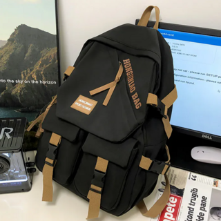 日系簡約無印風新款純色多層次魔術大空間收納出國登機防撥水雙肩抗震後背包 電腦包 減壓 470g, 黑色