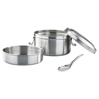 MiyAco 米雅可 經典316不鏽鋼 雙層圓形便當盒 附匙 加厚頂級鋼材 鏡面拋光 菜飯分離, 銀色, 1組