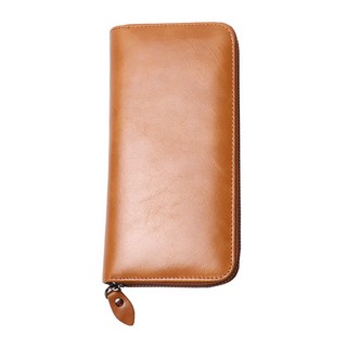 真皮頭層油蠟牛皮女士拉鍊長夾 12卡位, 土黃色, 19.5 x 10 x 2.5 cm