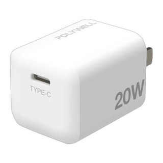 POLYWELL 寶利威爾 PD迷你快充頭 20W Type-C充電頭 豆腐頭 適用蘋果iPhone安卓 PW15-T05-A006, 白色, 1個
