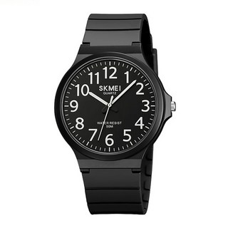 SKMEI 時刻美 簡約大數字防水石英錶 禮盒裝, 50米生活防水, 黑殼黑面
