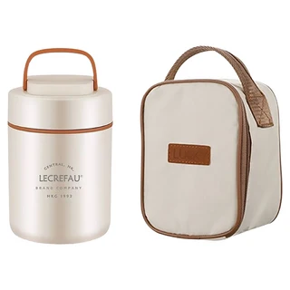 LECREFAU 美味時光保溫湯罐500ml附餐具+餐袋 米白色 保溫便當盒, 1組