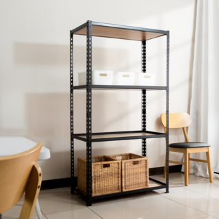 AMOS 免螺絲角鋼木板貨架 DIY有質感置物架 室內不易生鏽, 黑色, 4層