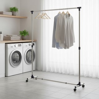 雙手萬能 不鏽鋼可伸縮單桿活動曬衣架+輪 2.9kg, 不鏽鋼色