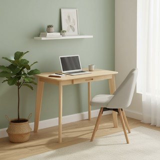 AOTTO 創意傢俱 北歐風實木桌腳單抽屜書桌 電腦桌, 原木色