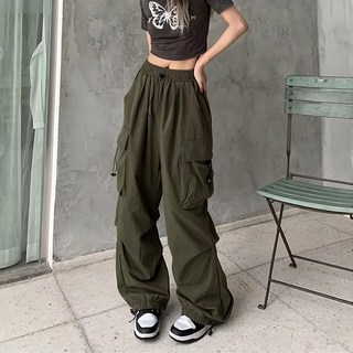 女款 薄款工裝褲 HL322, 棉+聚酯纖維, 腰圍30cm鬆緊 臀寬57cm 褲管寬25cm 褲檔35cm 全長 96cm, 軍綠色, 1件