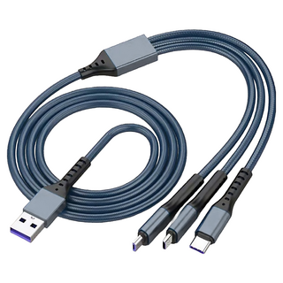 Line Q 66W超級快充6A三合一尼龍編織充電線, 支援蘋果/安卓/Type-C, 灰藍色, 1條