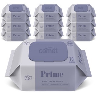 코멧 아기물티슈 프라임 도톰한 엠보싱 캡형 더마테스트 인증, 10팩, 70매, 70g