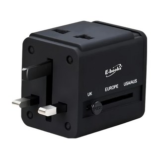 E-books B70 雙孔USB萬國旅行轉接頭充電器 2.1A快速充電 UL防火材質, 黑色, 1盒