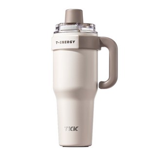 TKK T-One 彈蓋冰壩杯 運動隨身杯 握把式 保冰/保溫 316不鏽鋼/陶瓷噴塗 直飲 + 吸管, 沙丘咖, 1.2L, 1個