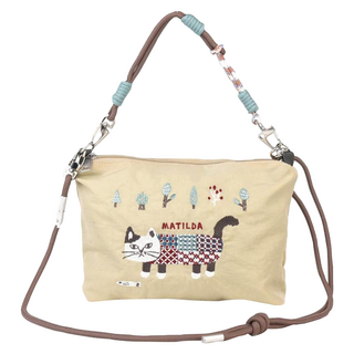 kUSUgURU JAPAN 日本眼鏡貓 三用法傘繩包 肩繩手柄可拆提包 Matilda款, 米色偏綠