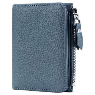 頭層牛皮女士薄款皮夾短夾女夾 防盜刷 85g, 9 x 11 x 2cm, 牛仔藍