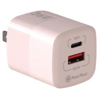 Meet Mind 36W GaN氮化鎵雙端口充電器 高速充電, 粉色, 1個