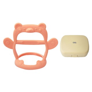 tgm 小熊手握型固齒器 矽膠材質, 固齒器 + 收納盒, 淡橘色 + 象牙白, 1個