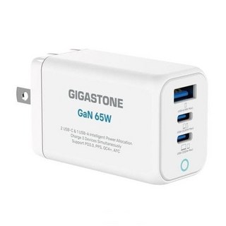 GIGASTONE 立達 PD3.0/QC4.0 65W 氮化鎵 GaN USB-C 三孔快速充電器 PD-7657, 白色, 1個