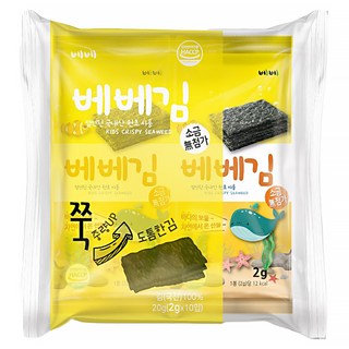 BEBE貝兒 純淨海苔, 韓國優質紫菜製作, 無添加鹽, 添加亞麻仁油和芝麻油, 烘烤非油炸, 低負擔, 無人工添加劑、色素和防腐劑, 全素可食, 2g, 10包