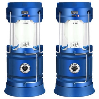 新錸家居 三代升級可拆換18650鋰電池 LED太陽能COB伸縮露營燈 2入 掛勾設計 攜帶方便 USB充電, 藍色, 1組