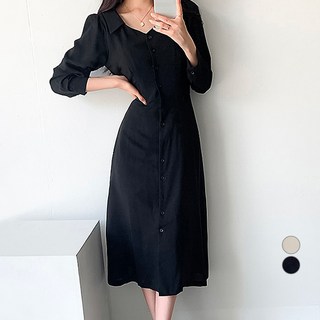Vivemo 小V領排釦連身洋裝, 黑色