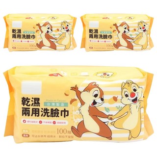 KOgi 宏瑋 迪士尼 乾濕兩用洗臉巾 100抽 3包 柔軟耐用 台灣製造, 果實奇奇蒂蒂 白色