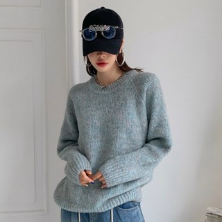 針織女款羊毛寬鬆混色拉克蘭Nidia圓領針織衫