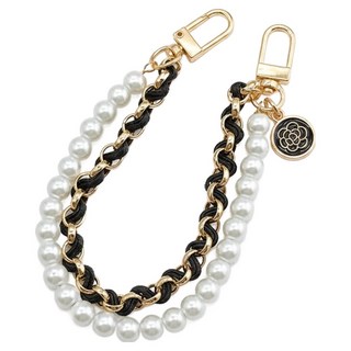 Timo 小香珍珠雙層手機短鍊, 皮革金屬塑膠材質，長度約19cm, 茶花黑, 1條