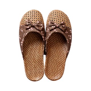 Axis 艾克思 蝴蝶結小碎花 亞麻涼爽防滑包頭室內拖鞋 - 咖啡色 L (39-40), 1雙