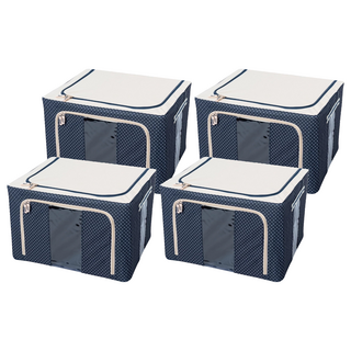 小麥購物 大容量防潑水牛津布雙門單視窗衣物鐵架收納箱 66L, 藍點, 4個