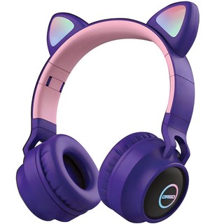 디알고 LED 라이트닝 키즈 고양이귀 블루투스 헤드폰, 퍼플, BH028C