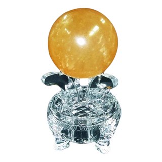 天然招財開運黃冰晶圓球 精緻雕刻高腳底座擺件, 65mm