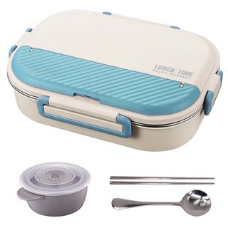 Homely Zakka 可微波超大容量不鏽鋼分隔保溫便當盒 4格 附餐具/湯碗, 1個, 北歐藍