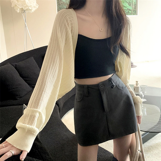 微洞洞短版披肩罩衫 - 杏色, 胸寬45cm 袖長69cm 全長36cm