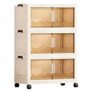 7822 Shop 生活選物 雙開門收納櫃 磁吸折疊收納 附輪子 3層, 透明, 1個