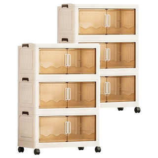 7822 Shop 生活選物 雙開門收納櫃 磁吸折疊收納 附輪子 3層, 透明, 2個