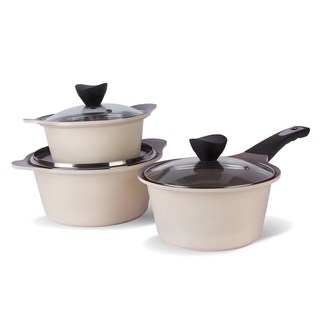 Kitchenwell Bellos系列陶瓷附蓋不沾壓紋鍋具3件組, 米色, 雙耳鍋 16cm+雙耳鍋 20cm+單柄鍋 18cm, 1組