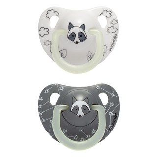 Suavinex 蘇維妮 Day&Night系列 夜光矽膠奶嘴 2入, 6個月以上, 浣熊款 灰色 + 白色, 1個