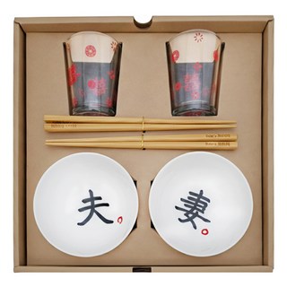 Mao's 樂陶陶 雙碗玻璃杯禮盒組, 2個小碗 + 2個玻璃杯 + 2雙筷子 + 包裝盒, 夫妻囍囍, 1組