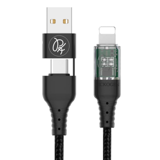 PICKOGEN 皮克全 閃速 2合1 Type-C/USB-A to Lightning PD充電線傳輸線 智能斷電指示燈, 1.2m, 黑色, 1條