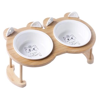 貓耳勺木架陶瓷碗 雙碗 (附勺子), 白貓, 1個