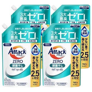 Attack 一匙靈 Zero室內曬衣洗衣精補充包 專利洗淨因子 室內晾乾消臭 洗衣槽防霉, 760g, 4包